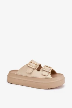 Klapki Damskie Na Platformie Ze Złotymi Klamrami Beżowe Zorila