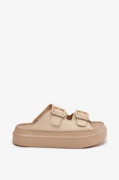 Klapki Damskie Na Platformie Ze Złotymi Klamrami Beżowe Zorila