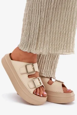 Klapki Damskie Na Platformie Ze Złotymi Klamrami Beżowe Zorila