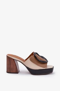 Klapki Damskie Na Słupkowym Obcasie Z Klamrą Ciemnobeżowe Amuria