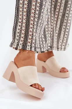 Klapki Damskie Na Słupku I Platformie Beżowe Omeisa