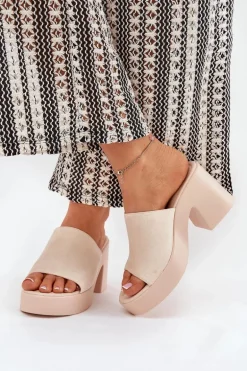 Klapki Damskie Na Słupku I Platformie Beżowe Omeisa