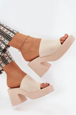 Klapki Damskie Na Słupku I Platformie Beżowe Omeisa