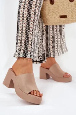 Klapki Damskie Na Słupku I Platformie Khaki Omeisa