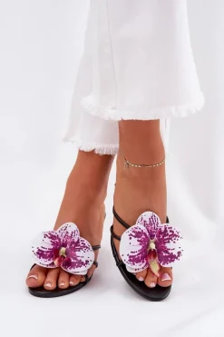 Klapki Damskie Na Szpilce Ze Sztucznym Kwiatem Czarne Reyi