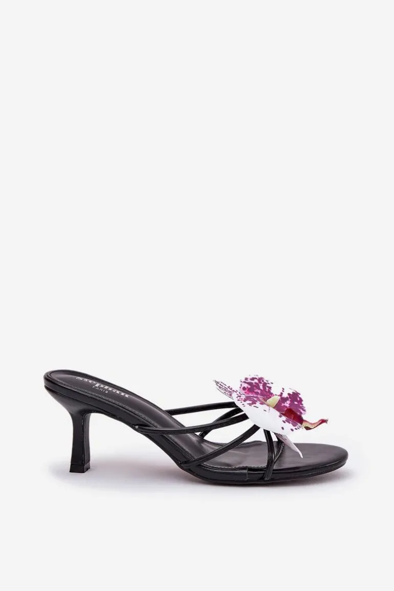 Klapki Damskie Na Szpilce Ze Sztucznym Kwiatem Czarne Reyi