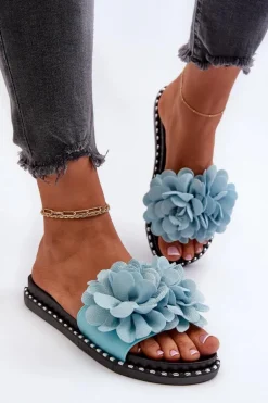 Klapki Damskie Ozdobione Kwiatami Niebieskie Cellanen