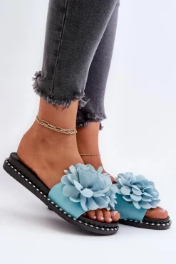 Klapki Damskie Ozdobione Kwiatami Niebieskie Cellanen