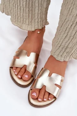 Klapki Damskie Płaskie Z Eko Skóry Złote Firvania