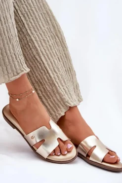 Klapki Damskie Płaskie Z Eko Skóry Złote Firvania