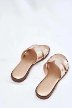 Klapki Damskie Płaskie Z Eko Skóry Złote Firvania