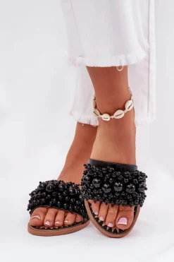 Klapki Damskie Płaskie Z Ozdobnymi Koralikami Czarne Aricca