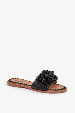 Klapki Damskie Płaskie Z Ozdobnymi Koralikami Czarne Aricca