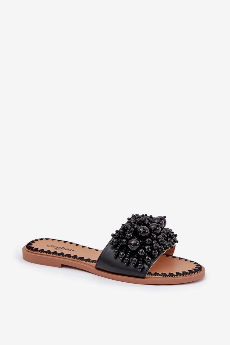 Klapki Damskie Płaskie Z Ozdobnymi Koralikami Czarne Aricca