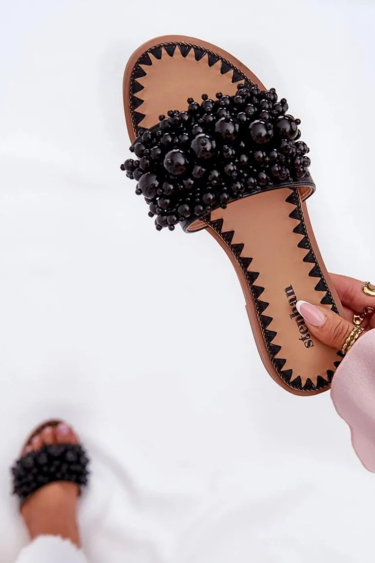 Klapki Damskie Płaskie Z Ozdobnymi Koralikami Czarne Aricca