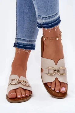 Klapki Damskie Płaskie Z Ozdobnym Detalem Beżowe Amiresna