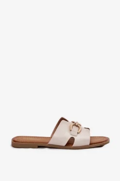 Klapki Damskie Płaskie Z Ozdobnym Detalem Beżowe Amiresna