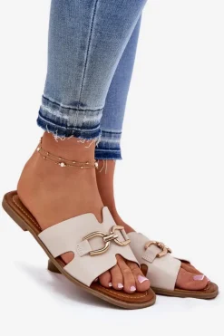 Klapki Damskie Płaskie Z Ozdobnym Detalem Beżowe Amiresna