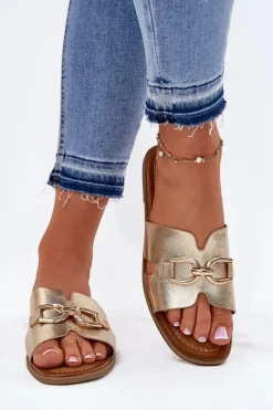 Klapki Damskie Płaskie Z Ozdobnym Detalem Złote Amiresna