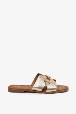 Klapki Damskie Płaskie Z Ozdobnym Detalem Złote Amiresna