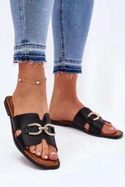 Klapki Damskie Płaskie Z Ozdobnym Detalem Czarne Amiresna