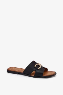 Klapki Damskie Płaskie Z Ozdobnym Detalem Czarne Amiresna