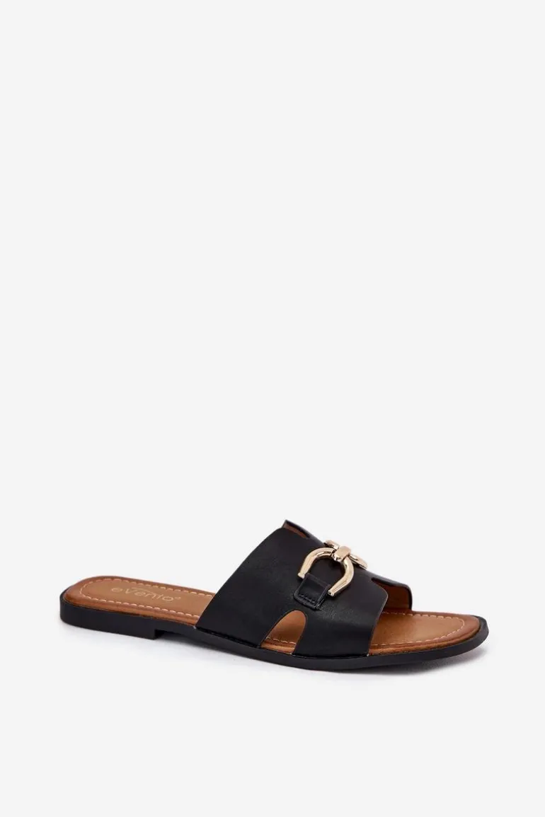 Klapki Damskie Płaskie Z Ozdobnym Detalem Czarne Amiresna