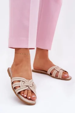 Klapki Damskie Płaskie Z Przeplatającymi Się Paskami Beżowe Acimine