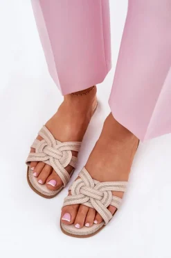 Klapki Damskie Płaskie Z Przeplatającymi Się Paskami Beżowe Acimine