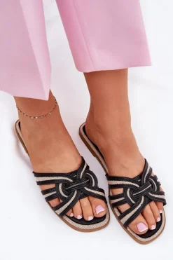 Klapki Damskie Płaskie Z Przeplatającymi Się Paskami Czarne Acimine