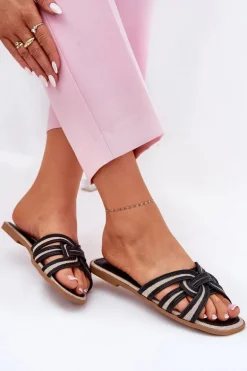 Klapki Damskie Płaskie Z Przeplatającymi Się Paskami Czarne Acimine