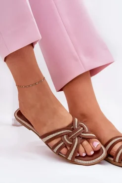 Klapki Damskie Płaskie Z Przeplatającymi Się Paskami Brązowe Acimine