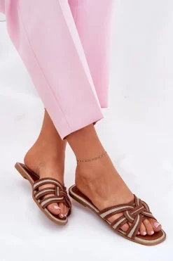 Klapki Damskie Płaskie Z Przeplatającymi Się Paskami Brązowe Acimine