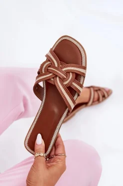 Klapki Damskie Płaskie Z Przeplatającymi Się Paskami Brązowe Acimine