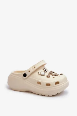 Klapki Damskie Piankowe Lekkie Na Grubej Podeszwie Z Przypinkami Beżowe Effiora