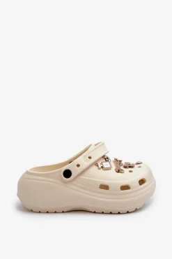 Klapki Damskie Piankowe Lekkie Na Grubej Podeszwie Z Przypinkami Beżowe Effiora