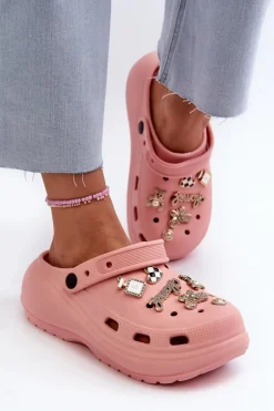 Klapki Damskie Piankowe Lekkie Na Grubej Podeszwie Z Przypinkami Różowe Effiora