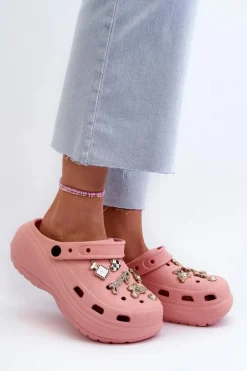 Klapki Damskie Piankowe Lekkie Na Grubej Podeszwie Z Przypinkami Różowe Effiora