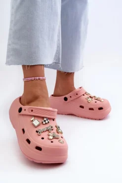 Klapki Damskie Piankowe Lekkie Na Grubej Podeszwie Z Przypinkami Różowe Effiora