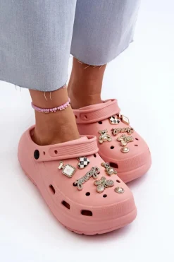 Klapki Damskie Piankowe Lekkie Na Grubej Podeszwie Z Przypinkami Różowe Effiora