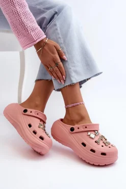 Klapki Damskie Piankowe Lekkie Na Grubej Podeszwie Z Przypinkami Różowe Effiora