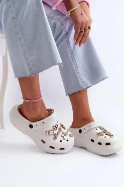 Klapki Damskie Piankowe Lekkie Na Grubej Podeszwie Z Przypinkami Białe Effiora