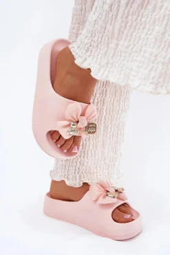 Klapki Damskie Piankowe Na Platformie Z Kokardką I Broszką Różowe Marlize