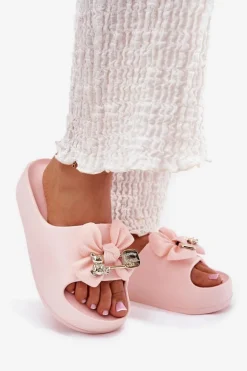 Klapki Damskie Piankowe Na Platformie Z Kokardką I Broszką Różowe Marlize