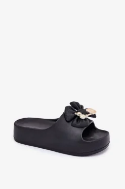 Klapki Damskie Piankowe Na Platformie Z Kokardką I Broszką Czarne Marlize