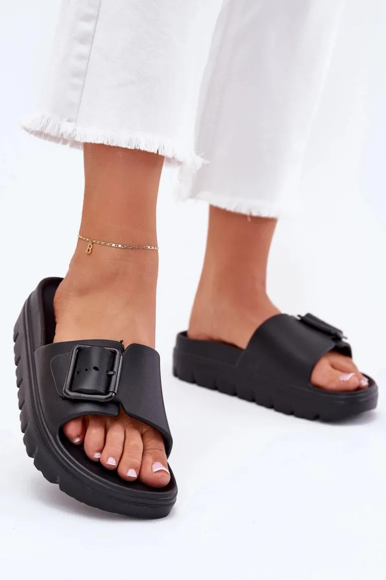 Klapki Damskie Piankowe Na Platformie Z Klamrą Czarne Viasara