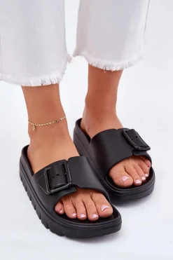 Klapki Damskie Piankowe Na Platformie Z Klamrą Czarne Viasara