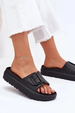 Klapki Damskie Piankowe Na Platformie Z Klamrą Czarne Viasara