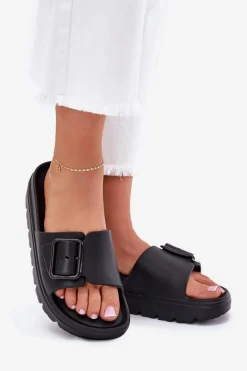 Klapki Damskie Piankowe Na Platformie Z Klamrą Czarne Viasara