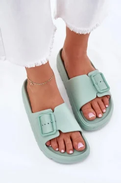 Klapki Damskie Piankowe Na Platformie Z Klamrą Zielone Viasara